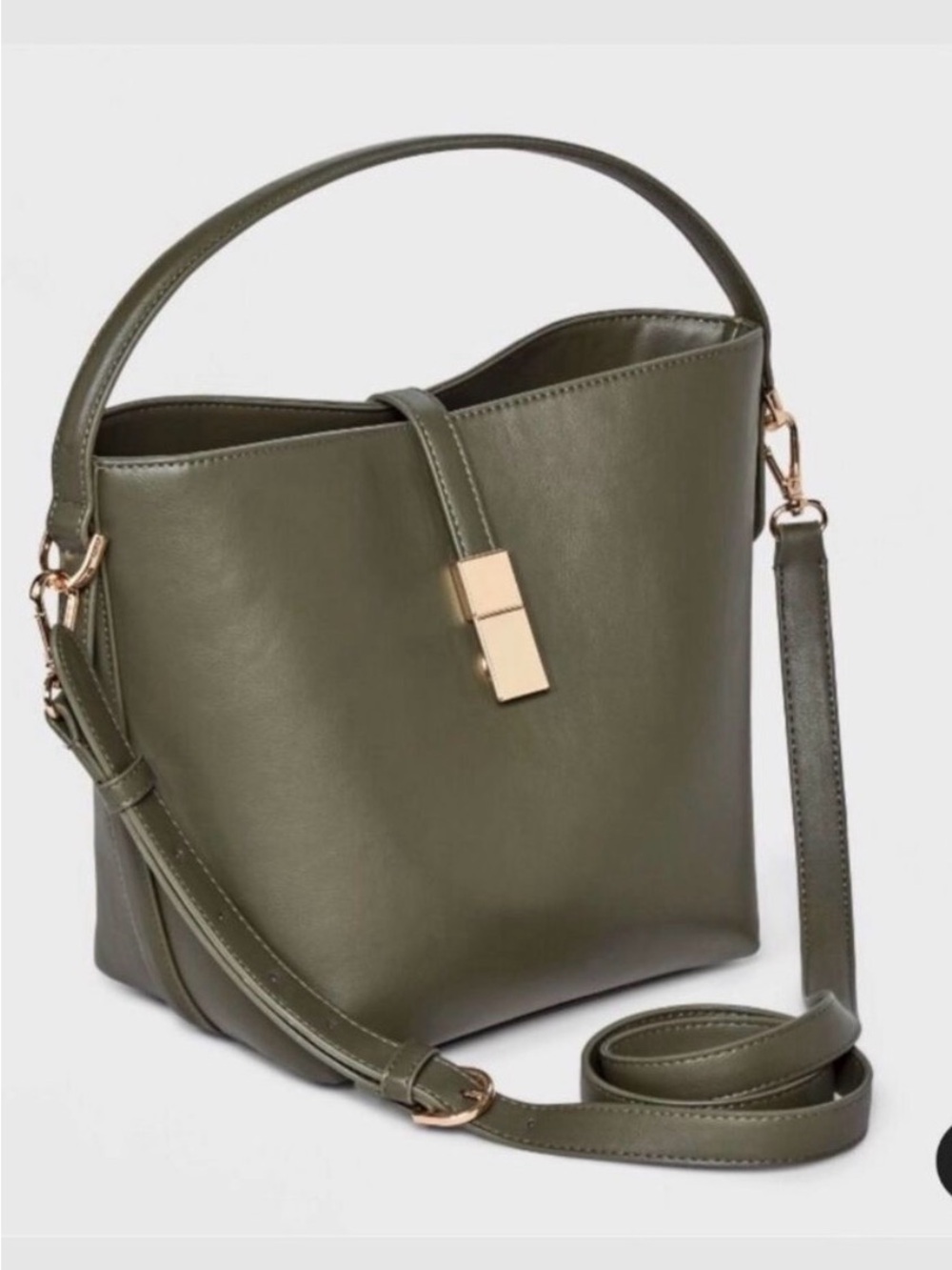 Olive Green Leather Bucket Bag with Gold Hardware